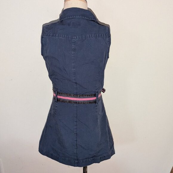 Tooby Doo Navy Collared Button Down Up Front Knee Length Tie Belt Twill Dress - Picture 2 of 3
